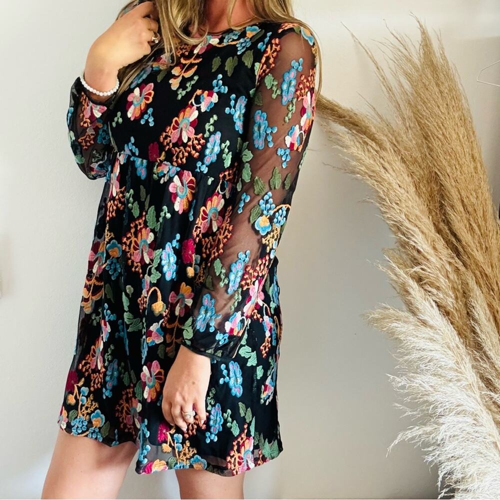 ANTHROPOLOGIE Black Sheer Mesh Floral Embroidery Overlay Sleeve Mini Dress S - Picture 13 of 14